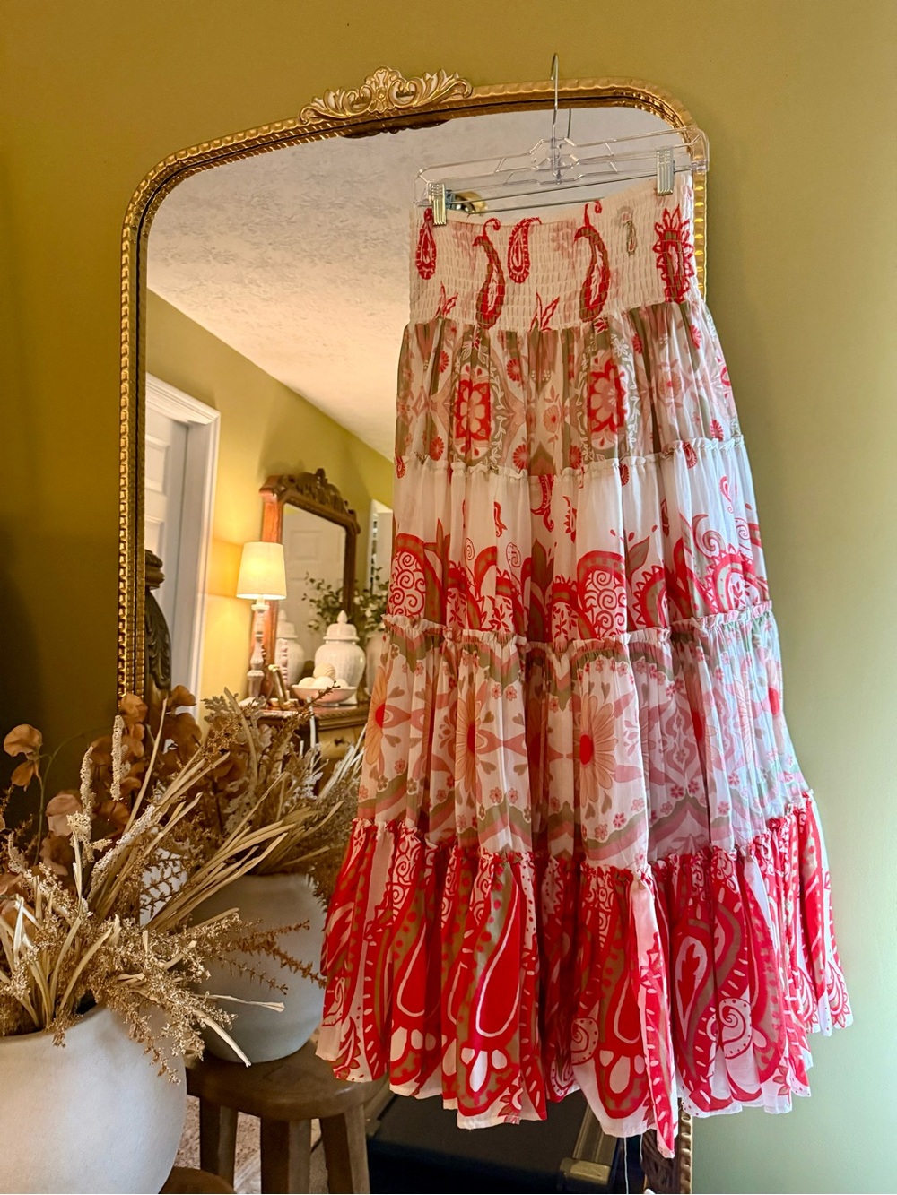 Free People Orange & White Tiered Boho Maxi Skirt